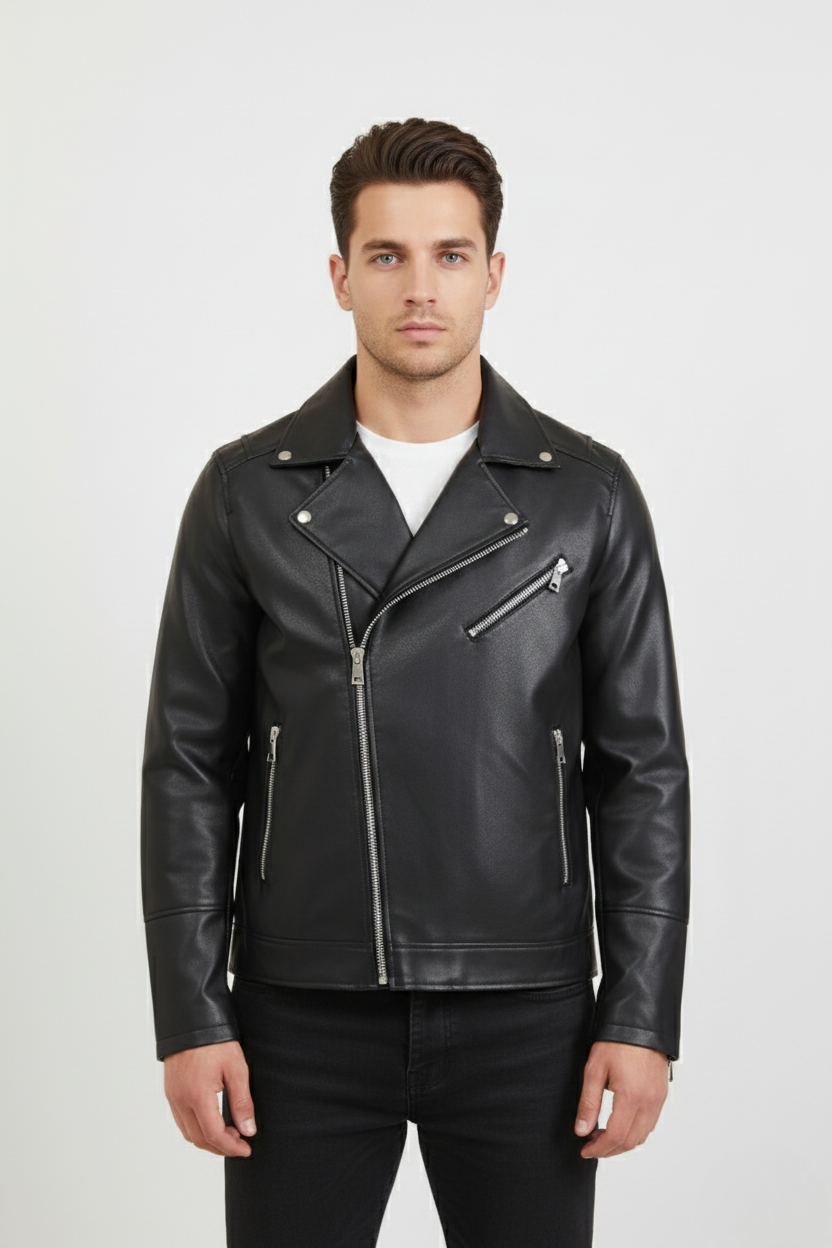 Men’s black Leather Biker Jacket | Classic Slim Fit Motorcycle Style | Fashionable Outerwear