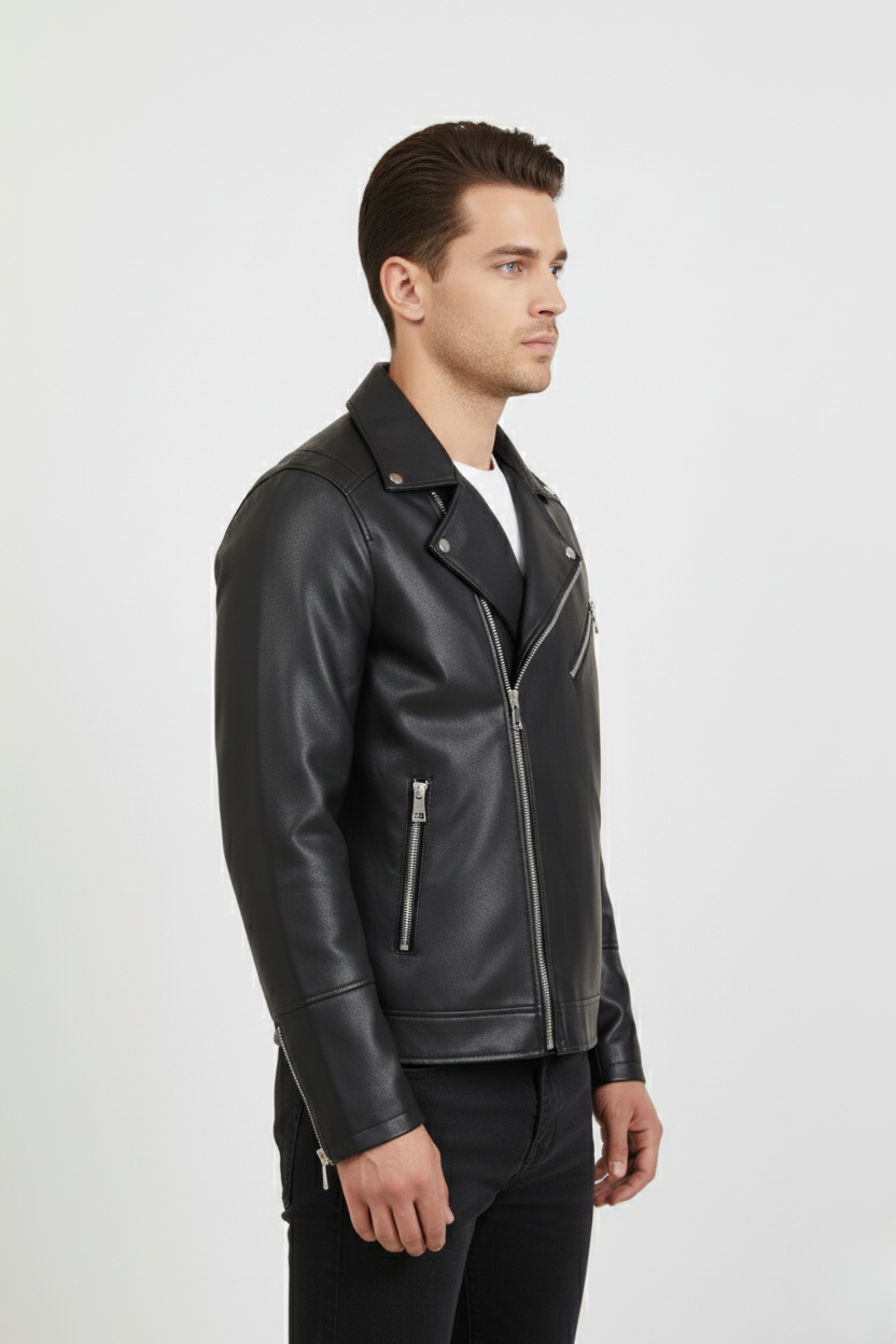 Men’s black Leather Biker Jacket | Classic Slim Fit Motorcycle Style | Fashionable Outerwear