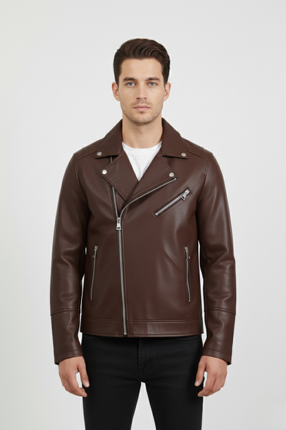 Men’s brown Leather Biker Jacket | Classic Slim Fit Motorcycle Style | Fashionable Outerwear