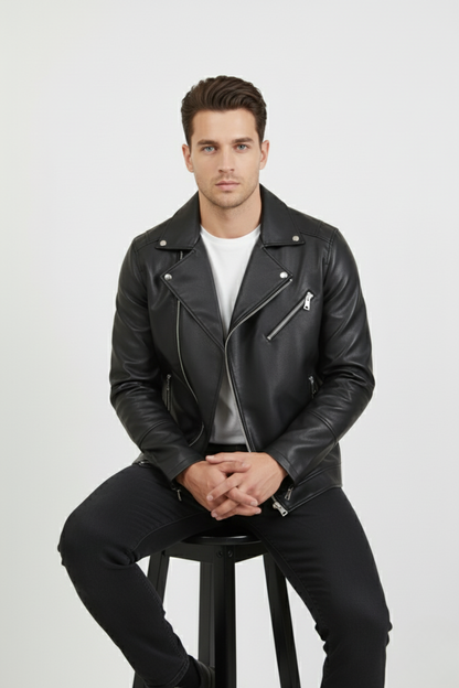 Men’s black Leather Biker Jacket | Classic Slim Fit Motorcycle Style | Fashionable Outerwear
