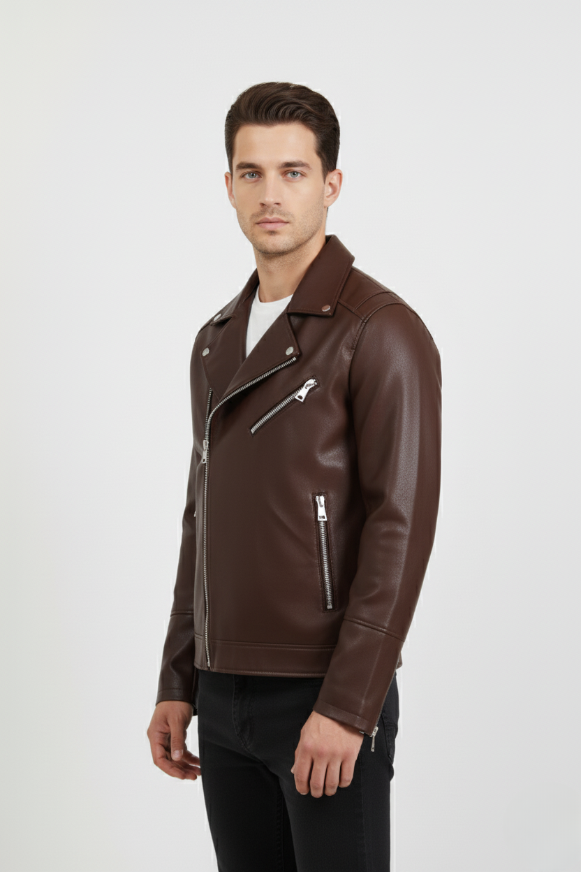 Men’s brown Leather Biker Jacket | Classic Slim Fit Motorcycle Style | Fashionable Outerwear