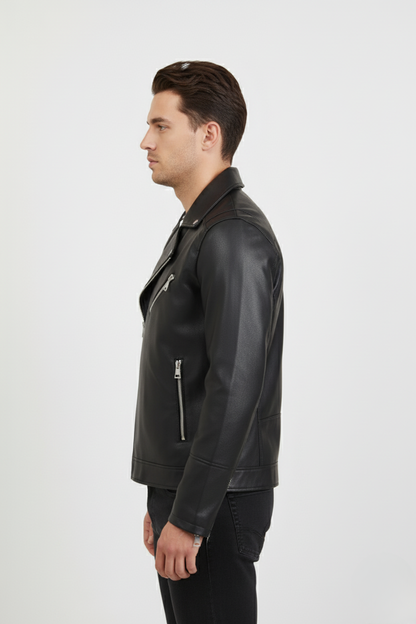 Men’s black Leather Biker Jacket | Classic Slim Fit Motorcycle Style | Fashionable Outerwear
