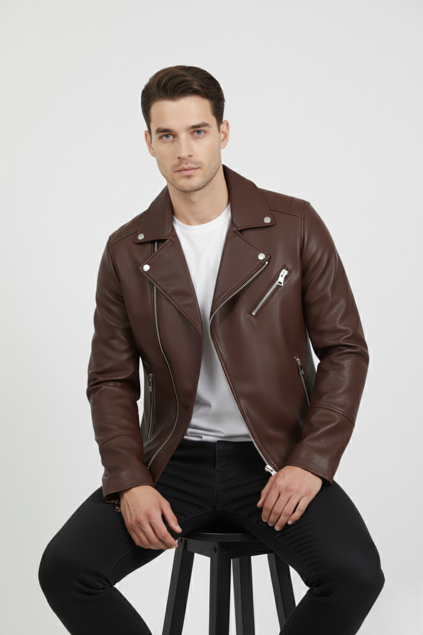 Men’s brown Leather Biker Jacket | Classic Slim Fit Motorcycle Style | Fashionable Outerwear