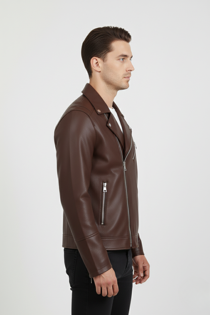 Men’s brown Leather Biker Jacket | Classic Slim Fit Motorcycle Style | Fashionable Outerwear